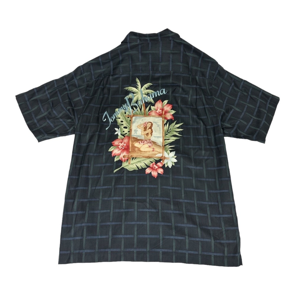 Tommy Bahama Mens Silk Hula Girl Embroidered Shirt Black Blue Green Check Size M